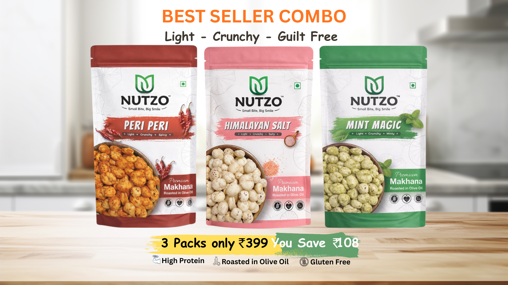 NUTZO Roasted Makhana Peri Peri + Himalayan Salt + Mint | 55g (Pack of 3)