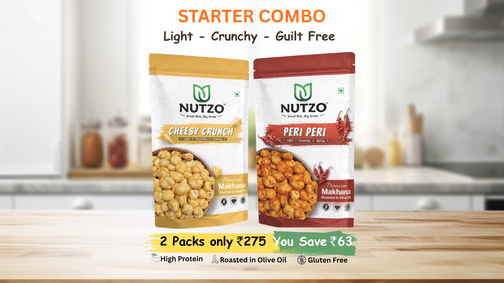 NUTZO Roasted Makhana Starter | Cheese + Peri Peri | 55g (Pack of 2)