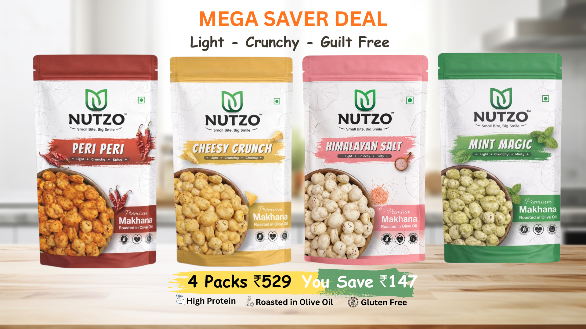NUTZO Roasted Makhana Mega Saver | All 4 Flavours | 55g (Pack of 4)